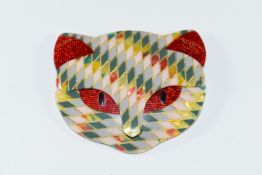 Lea Stein brooch in the form of a cat's head in green, red, yellow, blue and white, 5.3 x 4.4cm
