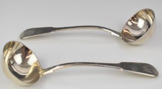 Two Paul Storr Georgian hallmarked silver fiddle pattern ladles, London 1818, length 17.5cm,