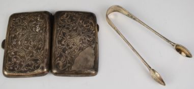 George V hallmarked silver cigarette case and a pair of silver Victorian sugar tongs, cigarette case