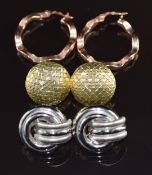 A pair of 18ct white gold earrings (6.7g), a pair of 9ct rose gold hoops, and a pair of 9ct gold