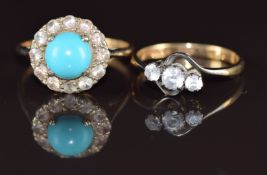 A 9ct gold ring set with a faux turquoise cabochon surrounded by spinel and a 9ct gold ring set with