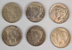 Six USA Liberty / standing eagle peace dollars, 1922 and 1923 examples