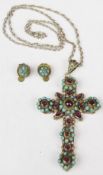 Austro-Hungarian silver cross pendant set with turquoise, garnets and seed pearls (7.5 x 5cm) and