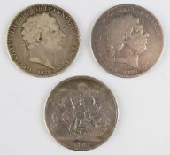George III crown comprising 1819, F, and 1820, F, examples together with an 1822 George IV, F,