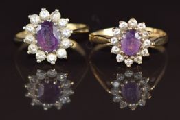 Two 9ct gold rings set with amethysts and cubic zirconia, 4.6g, size N & Q