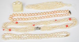 A single strand of freshwater pearls with 9ct gold clasp, single strand of cultured pearls and a