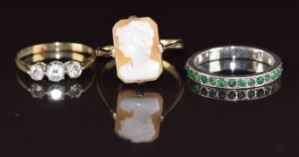 A 9ct gold ring set with a cameo (2.5g, size O), 9ct gold ring set with cubic zirconia (1.2g, size