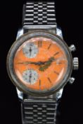 Globa gentleman's chronograph wristwatch with orange dial, silver sub dials, luminous hands, baton