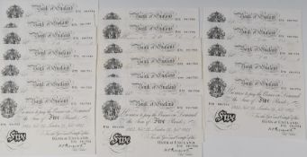 Nineteen white Peppiatt 1944 £5 notes, many consecutive including a run of four, two runs of three