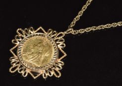 An 1896 gold full sovereign in 9ct gold mount, on a 9ct gold chain (60cm long), 19.9g