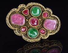 A 19thC Chinese silver filigree buckle set with jadeite, pink tourmaline and ruby cabochons, 7 x