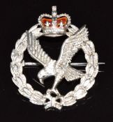Army Air Corps 9ct white gold brooch set with enamel by Garrard & Co, 6.4g, 2.5 x 3cm