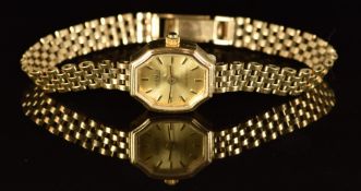 Roamer 9ct gold ladies wristwatch with gold hands, hour markers and dial and quartz movement, on 9ct