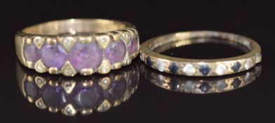 Two 9ct gold rings, one set with amethysts and diamonds the other with sapphire and spinel, 4.7g,