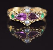 Victorian 12ct gold ring set with paste and pearls with an engraved band, Birmingham 1869, 1.1g,