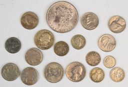 1888 USA Morgan dollar, together with five Indian head five cents coins and further USA coinage