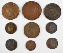 Queen Victoria coinage comprising three high grade pennies 1841 copper plain trident, VF+, 18897