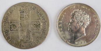 1708 Queen Anne shilling, F, together with a 1825 George IV example, EF