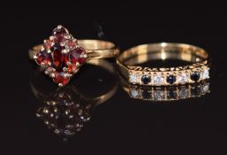 Two 9ct gold rings, one set with garnets and the other sapphires and cubic zirconia, 4g, size L & P