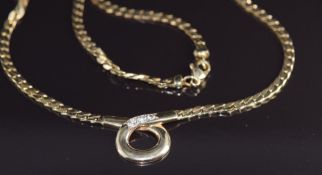 A 9ct gold necklace set with three diamonds in a twist setting, the total diamond weight