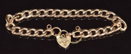 A 9ct rose gold curb link bracelet with heart padlock clasp, 10.1g, 18cm long
