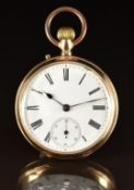 Unnamed 14ct gold keyless winding open faced pocket watch with inset subsidiary seconds dial,