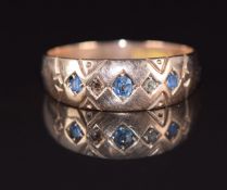 Victorian 9ct rose gold ring set with sapphires and diamonds (one diamond missing), Chester 1899,