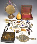 Collectibles including silver pocket watch, brass gong with striker, treen string box, bronze