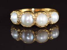 Victorian 18ct gold ring set with four split pearls, 4.2g, size Q