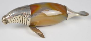 Brazilian silver mounted agate novelty model of a seal, the animal marked with indistinct makers