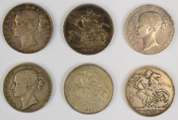 Six Queen Victoria crowns to include young, veiled and Jubilee head examples, two 1844, 1845,