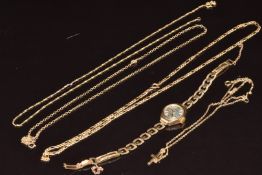A 9ct gold curb link necklace (5g, 42cm), two 9ct gold chains (3.1g), broken 9ct gold chain(1.7g)