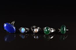 Five silver rings set with green agate, Arts & Crafts set with opal, lapis lazuli and pearl