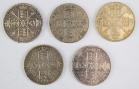 Five Queen Victoria jubilee double florins comprising two 1887, 1888, 1889 and 1890