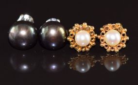 A pair of 9k white gold earrings each set with a Tahitian pearl and a pair of 9ct gold earrings each