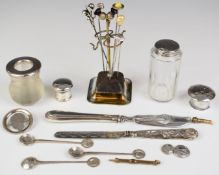 Hallmarked silver items to include silver mounted match striker, hat pins, silver plated hat pin