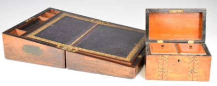 19thC mother of pearl inlaid rosewood writing slope and a Tunbridge Ware walnut tea caddy, largest