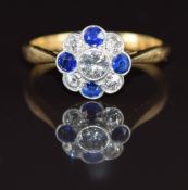 Art Deco 18ct gold ring set with diamonds, the centre diamond approximately 0.3ct, and sapphires