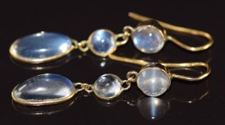 A pair of c1900 earrings each set with three moonstone cabochons, 1.7g, 2.8cm