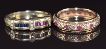 A 9ct gold ring set with sapphires, rubies and diamonds, (2.8g, size P) and a 9ct gold eternity ring