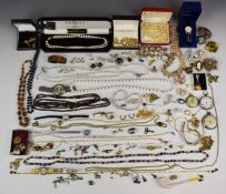 A collection of costume jewellery including silver pocket watch, other watches, five pairs of