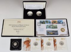 Seven silver proof and other coins comprising three Royal Mint 90th Birthday of Her Majesty £20 fine