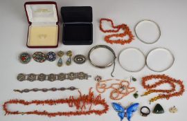 Four silver bangles, Siam silver bracelet, JA & S silver butterfly brooch, Victorian silver