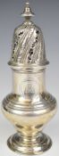 Georgian hallmarked silver sugar caster of baluster form, with pierced and embossed lid, London
