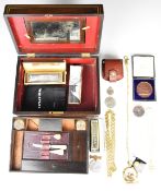 Rosewood brass inlaid travelling workbox with fitted interior and lift out tray, width 28cm,