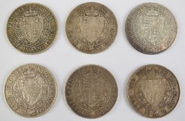 Six Queen Victoria veiled head half crowns, most VF, approximately 83.7g