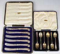 Cased set of hallmarked silver teaspoons, together with a cased set of six hallmarked silver handled