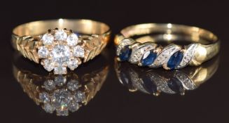 Two 9ct gold rings, one set with sapphires and diamonds the other cubic zirconia, 5g, size V