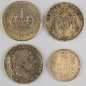 1819 George III crown together with 1867 Napoleon III 5 francs, 1905 Edward VII Indian rupee and a