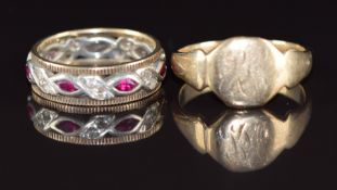 A 9ct gold signet ring and 9ct gold eternity ring set with synthetic stones, 8.3g, size R & N